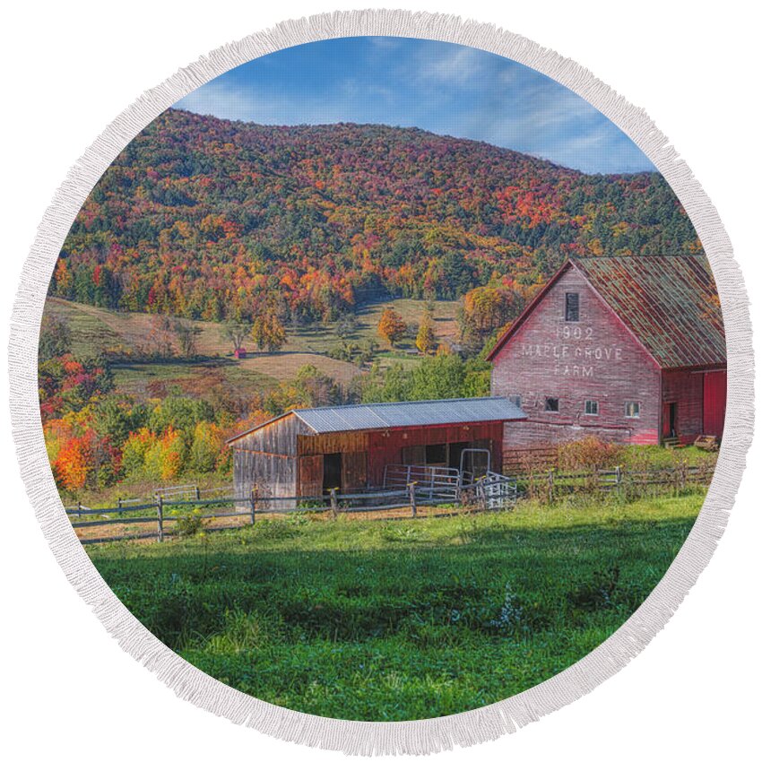 South Royalston Round Beach Towel featuring the photograph Autumn at Maple Grove Farm by Penny Polakoff