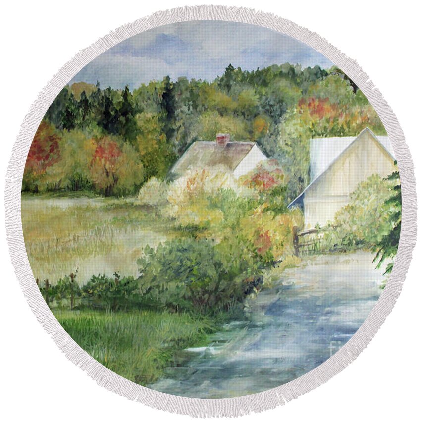 Art Round Beach Towel featuring the painting Autumn at the Farm by Laurie Rohner