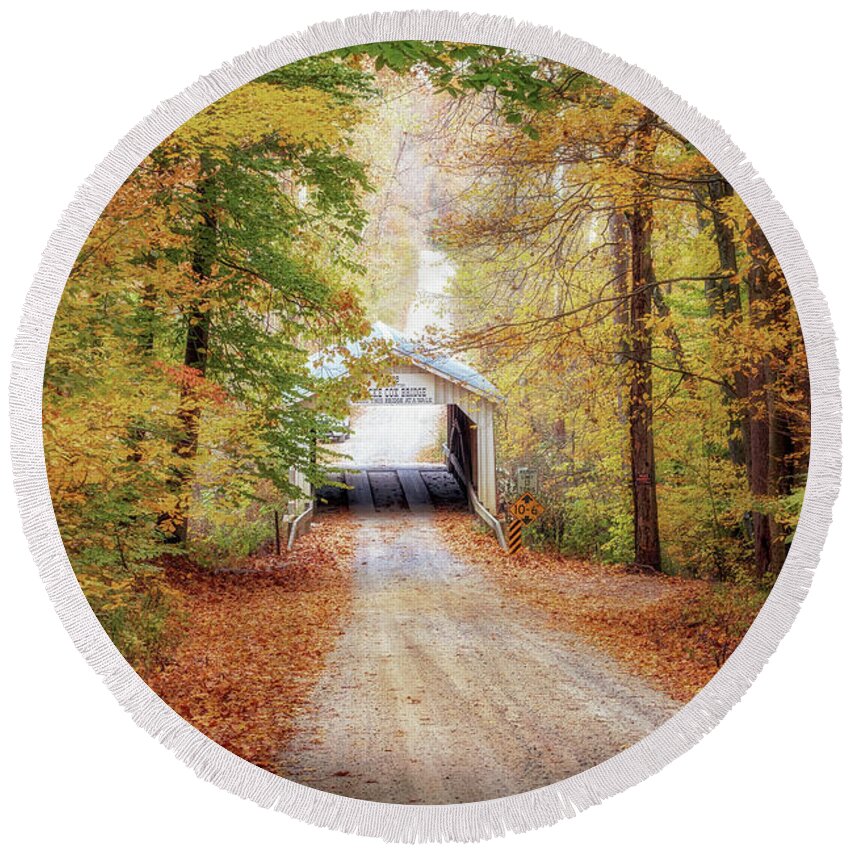 Parke County Round Beach Towel featuring the photograph Autumn at Zacke Cox Covered Bridge by Susan Rissi Tregoning