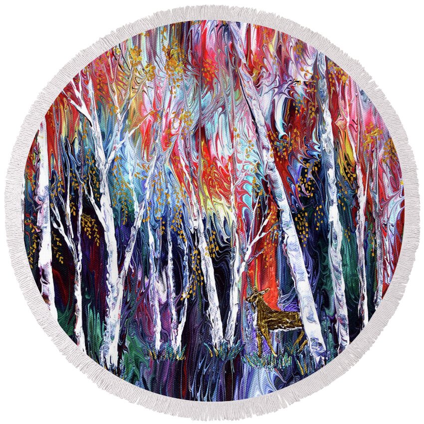 Birch Trees Round Beach Towel featuring the painting Autumn Birch Trees and Golden Deer by Laura Iverson