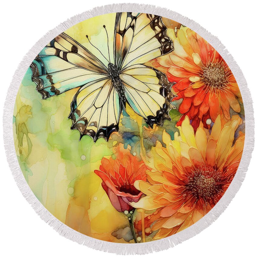 Butterfly Round Beach Towel featuring the painting Autumn Butterfly by Tina LeCour