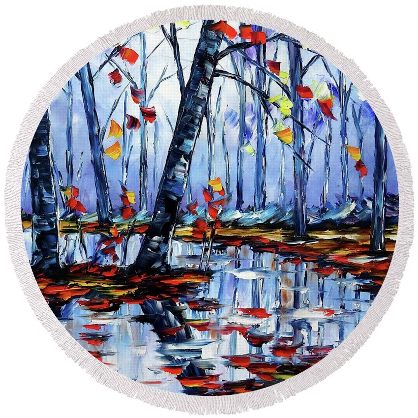 Golden Autumn Round Beach Towel featuring the painting Autumn By The River by Mirek Kuzniar