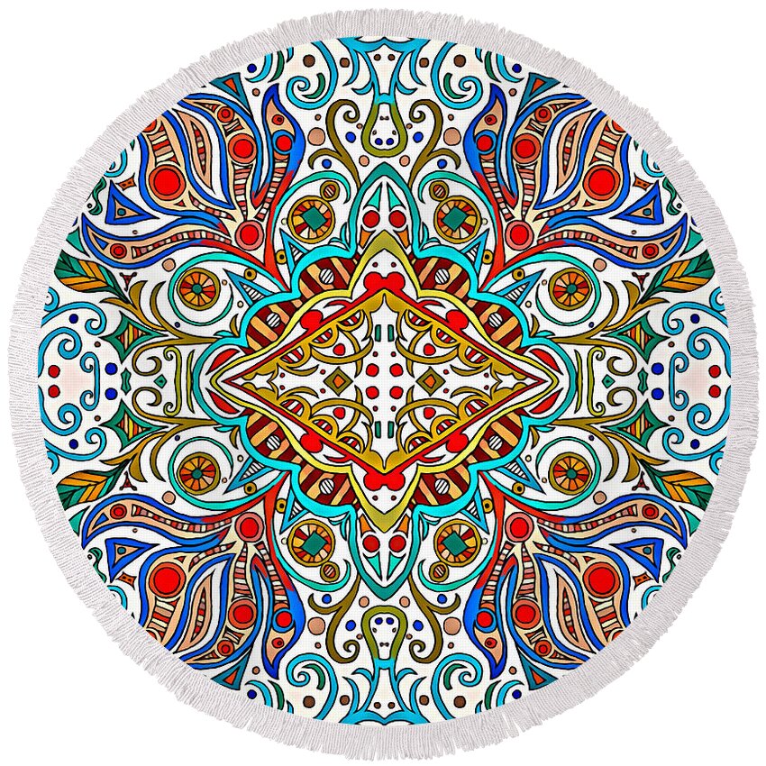 Orange And Brown Diamond Round Beach Towel featuring the mixed media Autumn Colored Diamond with Turquoise and Red Border Design by Lise Winne
