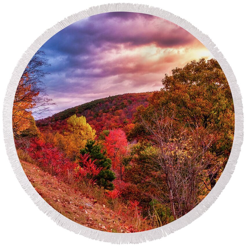 Fall Round Beach Towel featuring the photograph Autumn Colorful Mountain Colorful Sky by Dan Carmichael
