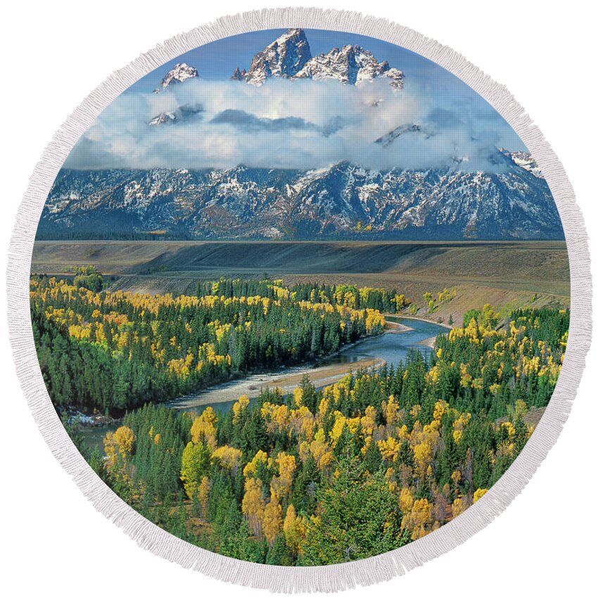 Dave Welling Round Beach Towel featuring the photograph Autumn Colors Snake River Overlook Grand Tetons National Park Wyoming by Dave Welling