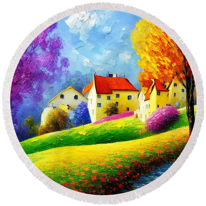 Wingsdomain Round Beach Towel featuring the mixed media Autumn Comes To The Countryside Village On The Hill 20221116f by Wingsdomain Art and Photography