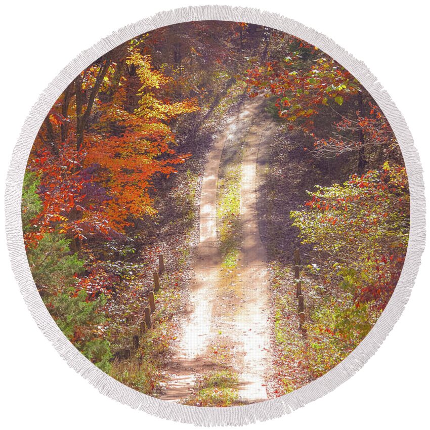 Autumn Colors Round Beach Towel featuring the photograph Autumn Country Road by Peggy Franz