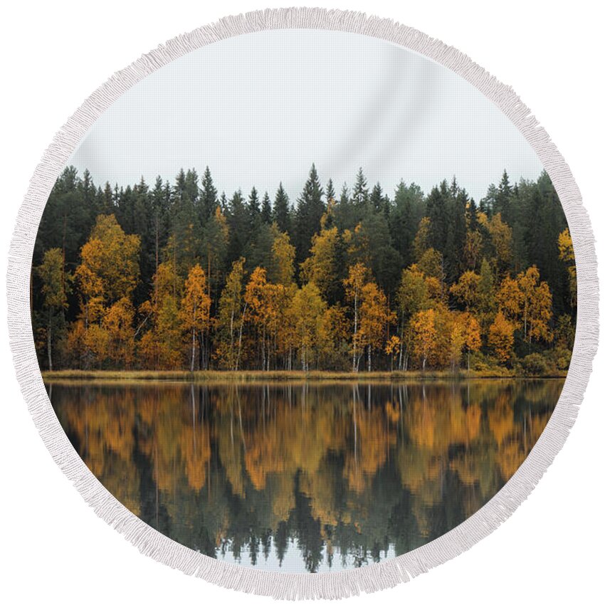 Dramatic Round Beach Towel featuring the photograph Autumn fairy tale in Kainuu, Finland by Vaclav Sonnek
