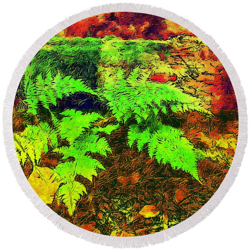 Autumn Round Beach Towel featuring the digital art Autumn Fern and Mossy Log fx by Dan Carmichael