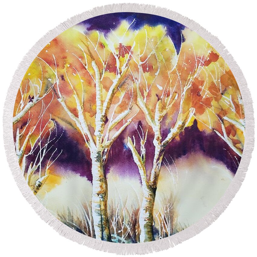 Fall Trees Round Beach Towel featuring the painting Autumn Flare by Kim Shuckhart Gunns