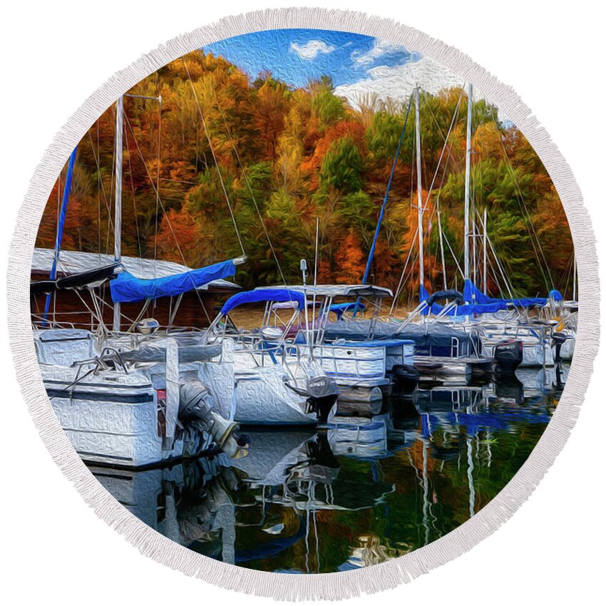 Marina Round Beach Towel featuring the photograph Autumn glory at Laurel Marina oil painting by Shelia Hunt