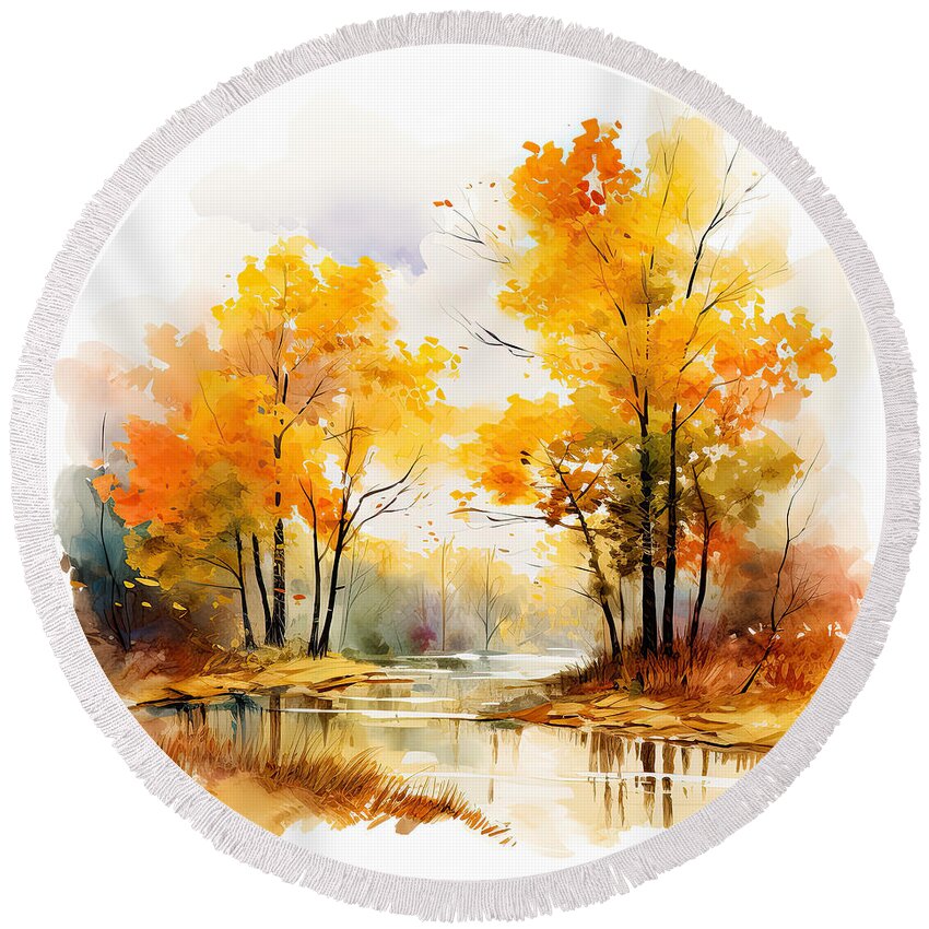 Autumn Watercolor Painting Round Beach Towel featuring the digital art Autumn Glow - A Watercolor Landscape by Lourry Legarde