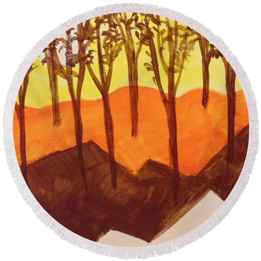 Landscape Round Beach Towel featuring the painting Autumn Hills by Saundra Johnson
