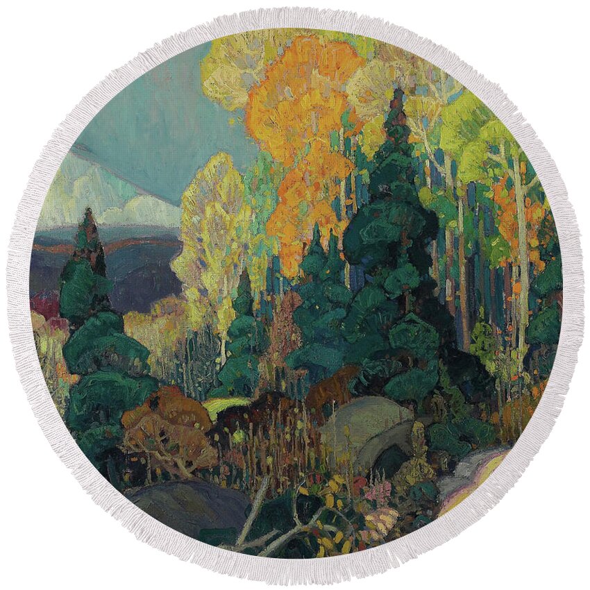 Canadian Painters Round Beach Towel featuring the painting Autumn Hillside, 1920 by Franklin Carmichael