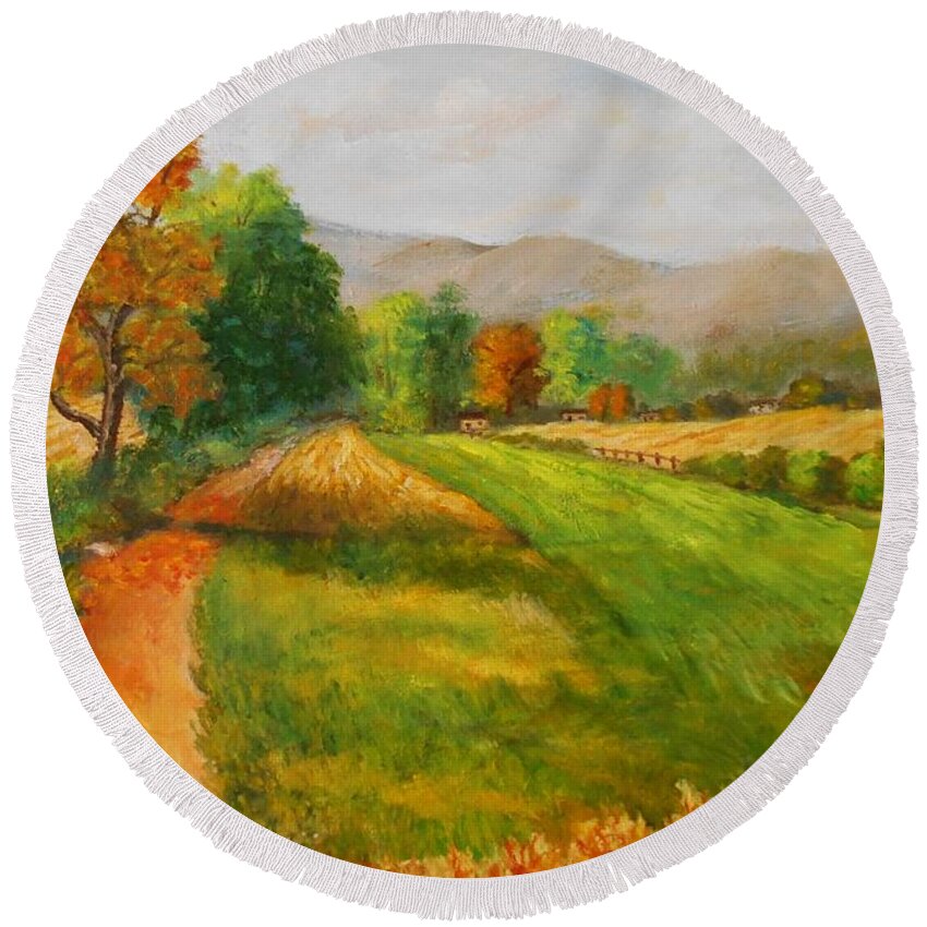 Landscapes Round Beach Towel featuring the painting Autumn In Arcadia by Konstantinos Charalampopoulos