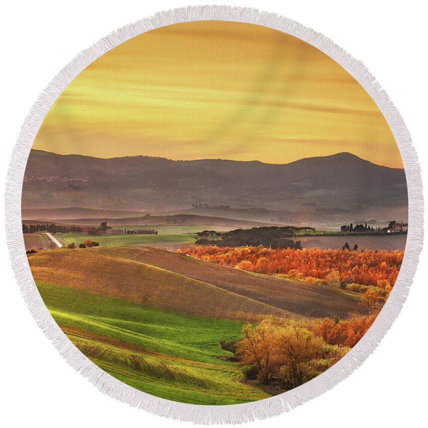 Autumn Round Beach Towel featuring the photograph Autumn in Tuscany, rolling hills and woods. Santa Luce by Stefano Orazzini