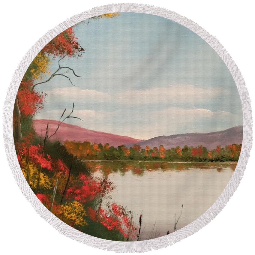 Oil Painting Round Beach Towel featuring the painting Autumn Lake by Lee Piper