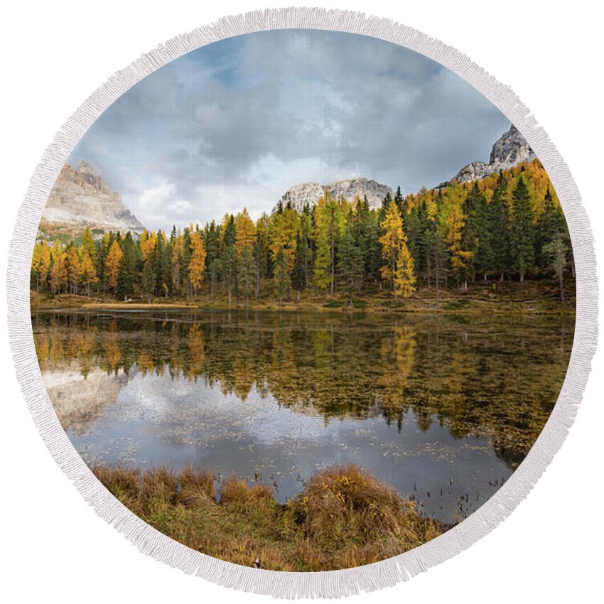 Antorno Lake Round Beach Towel featuring the photograph Lake antorno in autumn Italian dolomiti by Michalakis Ppalis