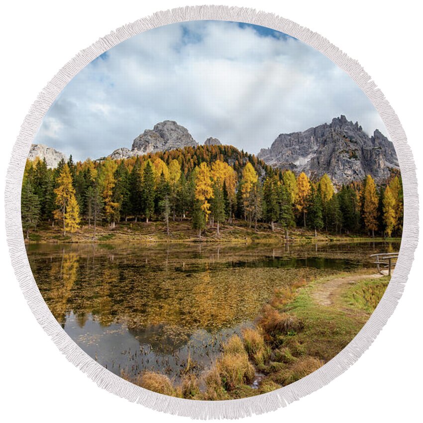 Autumn Round Beach Towel featuring the photograph Autumn landscape with mountains and trees by Michalakis Ppalis