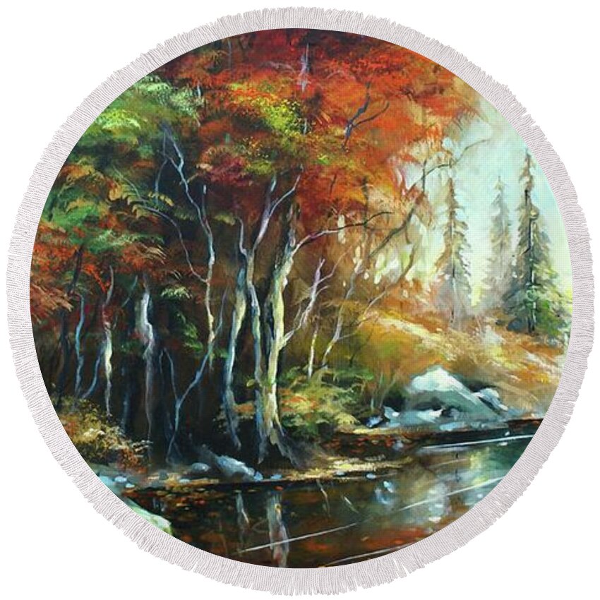 Landscape Round Beach Towel featuring the painting Autumn Light by Michael Lang