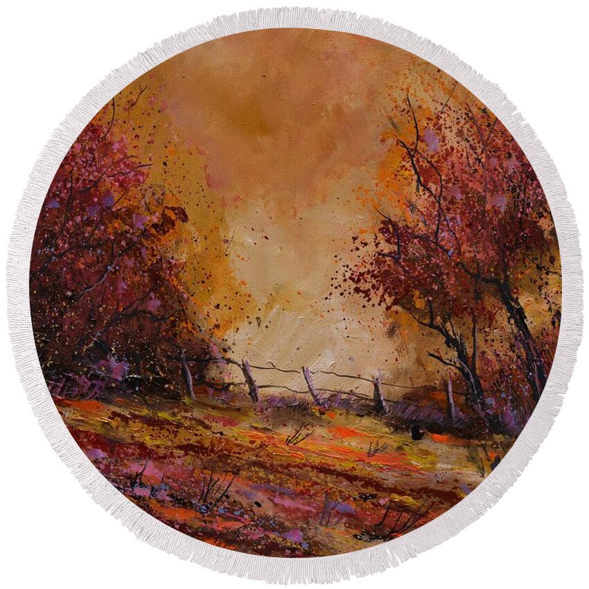 Landscape Round Beach Towel featuring the painting Autumn light by Pol Ledent
