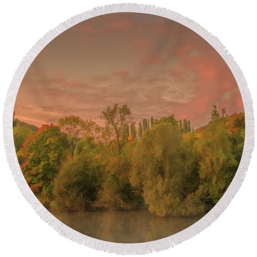 France Round Beach Towel featuring the photograph Autumn Morning Along the Shore of the River Seine by Marcy Wielfaert
