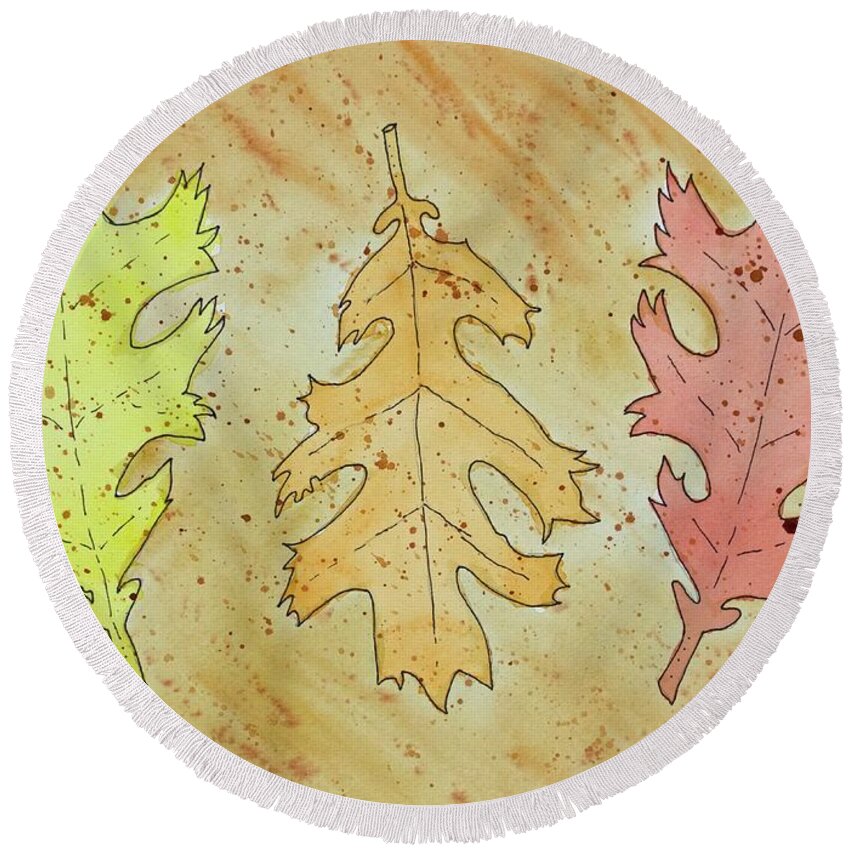 Autumn Oak Leaves A Pen & Ink Watercolor Painting By Norma Appleton Round Beach Towel featuring the painting Autumn Oak Leaves by Norma Appleton