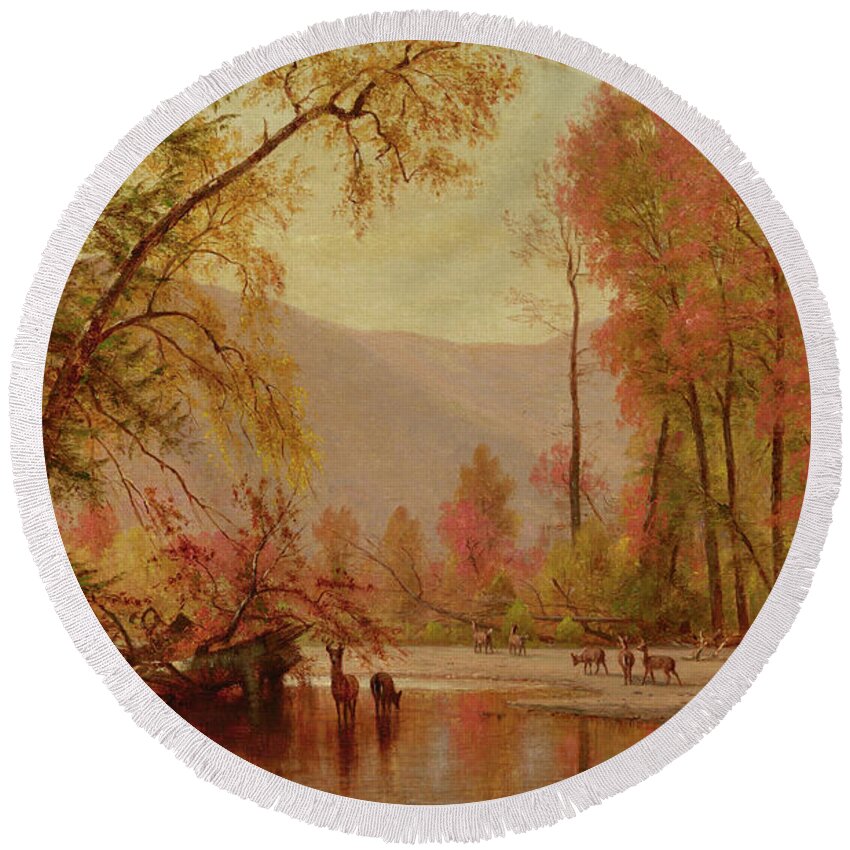 Autumn Round Beach Towel featuring the painting Autumn on the Delaware, 1875 by Thomas Worthington Whittredge by Thomas Worthington Whittredge