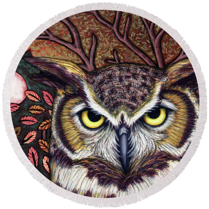 Owl Round Beach Towel featuring the painting Autumn Owl Moon by Amy E Fraser