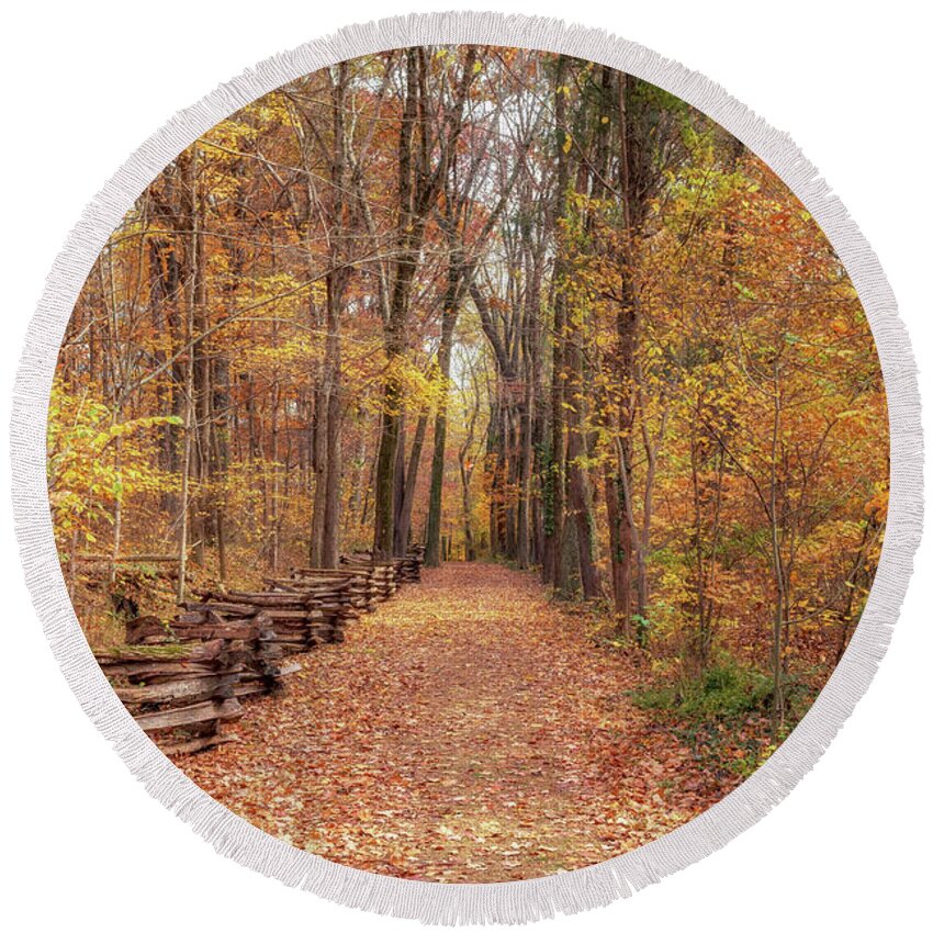 Lincoln Boyhood Home Round Beach Towel featuring the photograph Autumn Path at Lincoln Boyhood Home by Susan Rissi Tregoning