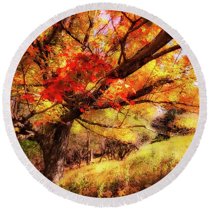 Fall Round Beach Towel featuring the photograph Autumn Red Tree on a Blue Ridge Hill fx by Dan Carmichael