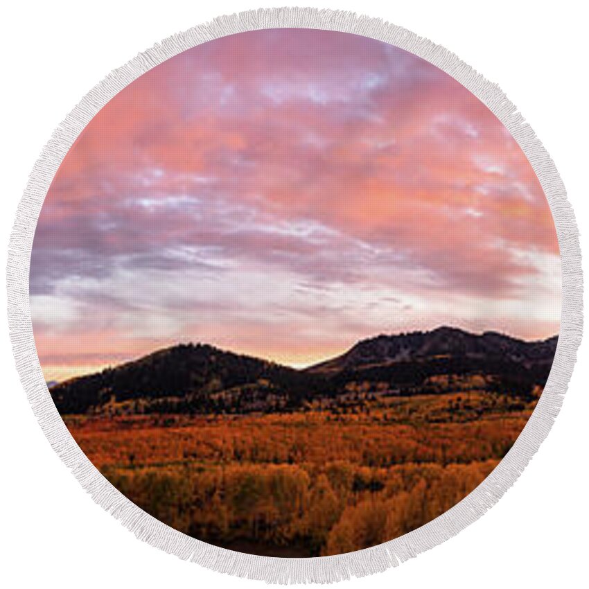 Autumn Round Beach Towel featuring the photograph Autumn Sunset by Wesley Aston