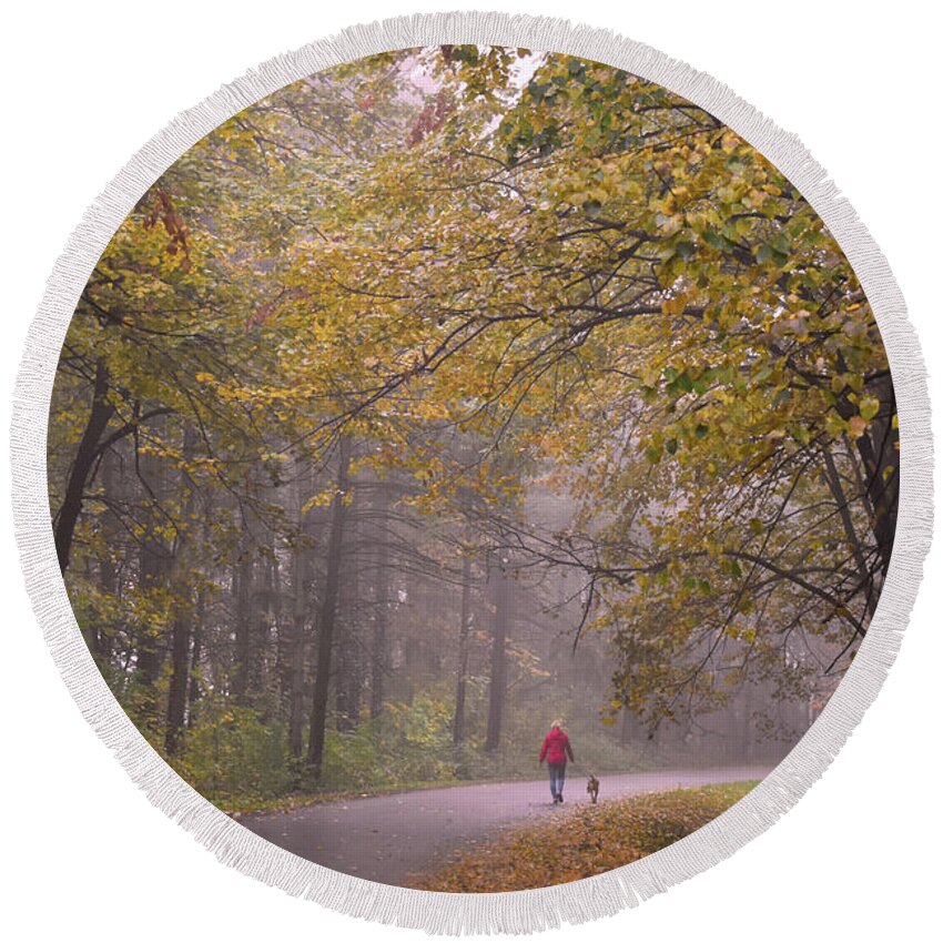Nature Round Beach Towel featuring the photograph Autumn Symphony In The Forest 02 by Leonida Arte