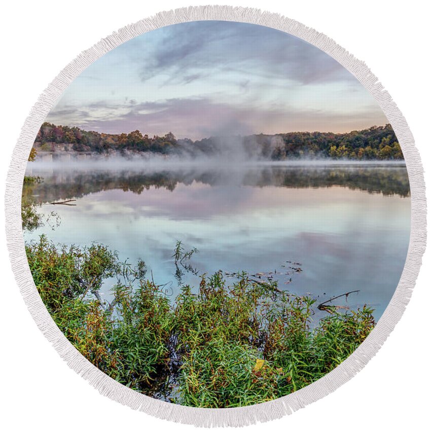 Springfield Round Beach Towel featuring the photograph Autumn Tranquility Lake Springfield by Jennifer White