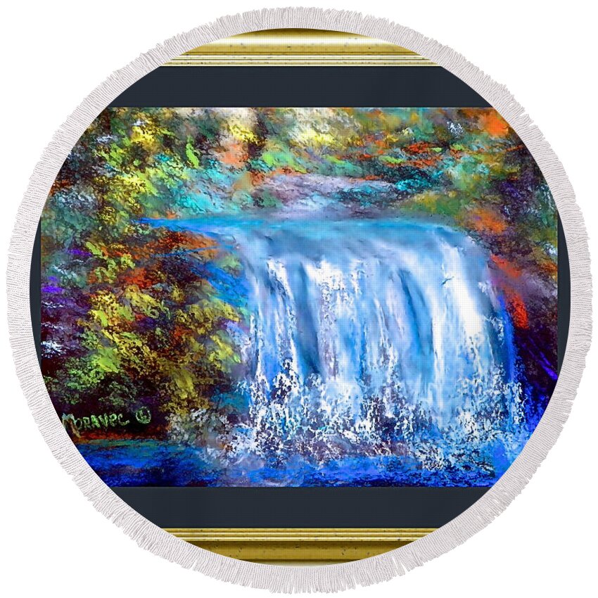  Round Beach Towel featuring the pastel Autumn Waterfall by Shirley Moravec