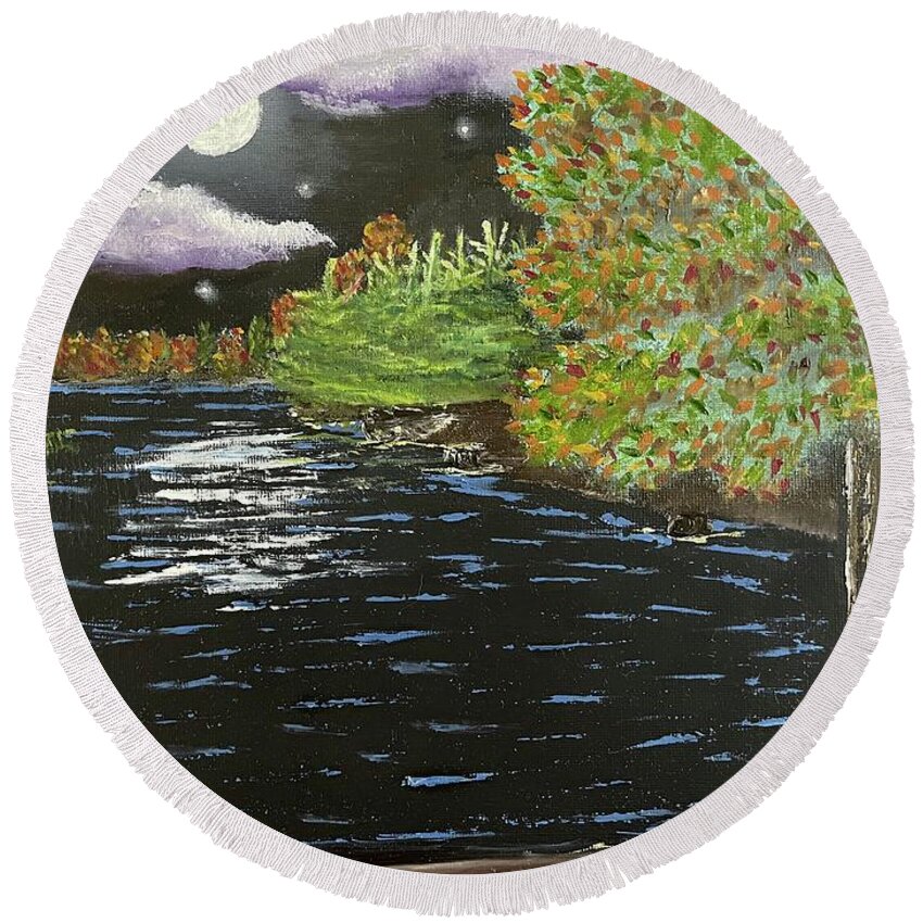 Oil Painting Round Beach Towel featuring the painting Autumn Woods by Lisa White