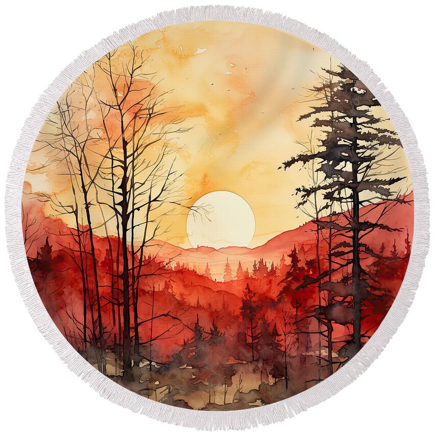 Red And Gray Round Beach Towel featuring the painting Autumn's Passionate Glow by Lourry Legarde