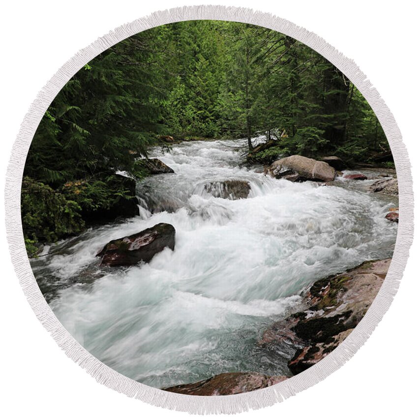 Avalanche Falls Round Beach Towel featuring the photograph Avalanche Creek - Glacier National Park by Richard Krebs