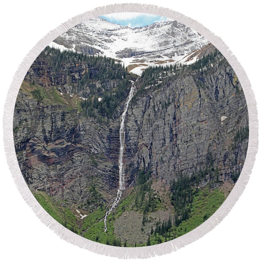 Avalanche Falls Round Beach Towel featuring the photograph Avalanche Falls - Glacier National Park by Richard Krebs