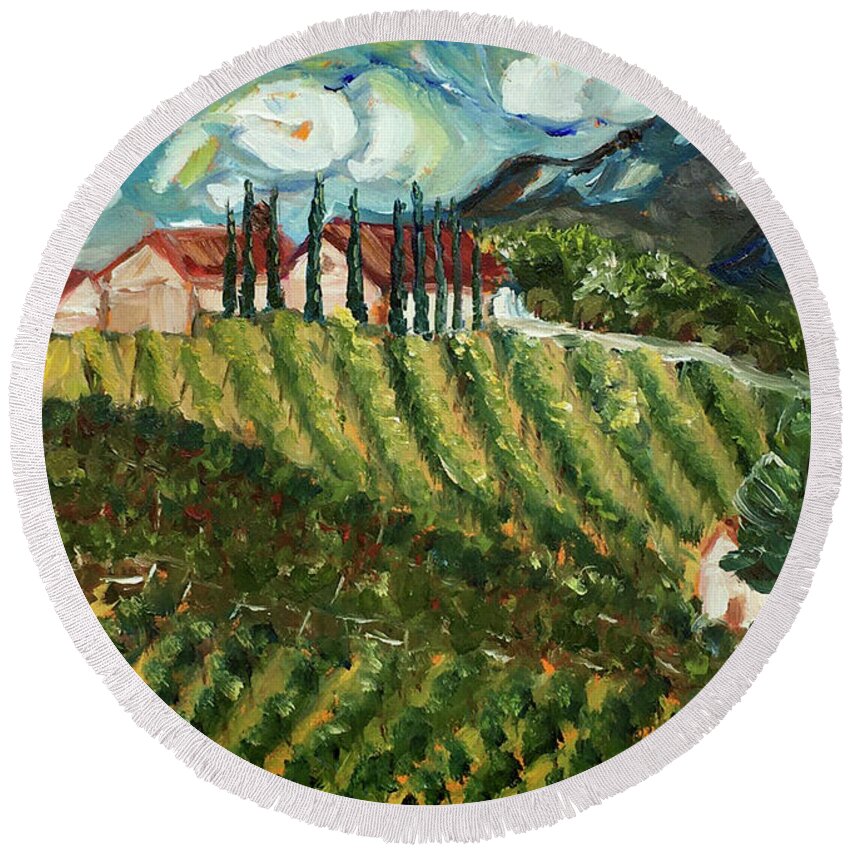 Avensole Winery Round Beach Towel featuring the painting Avensole Vineyard and Winery Temecula by Roxy Rich