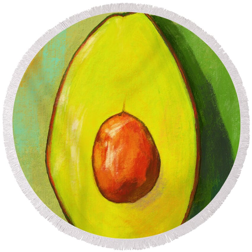 Green Avocado Round Beach Towel featuring the painting Avocado Half with Seed Kitchen Decor with Green Background by Patricia Awapara