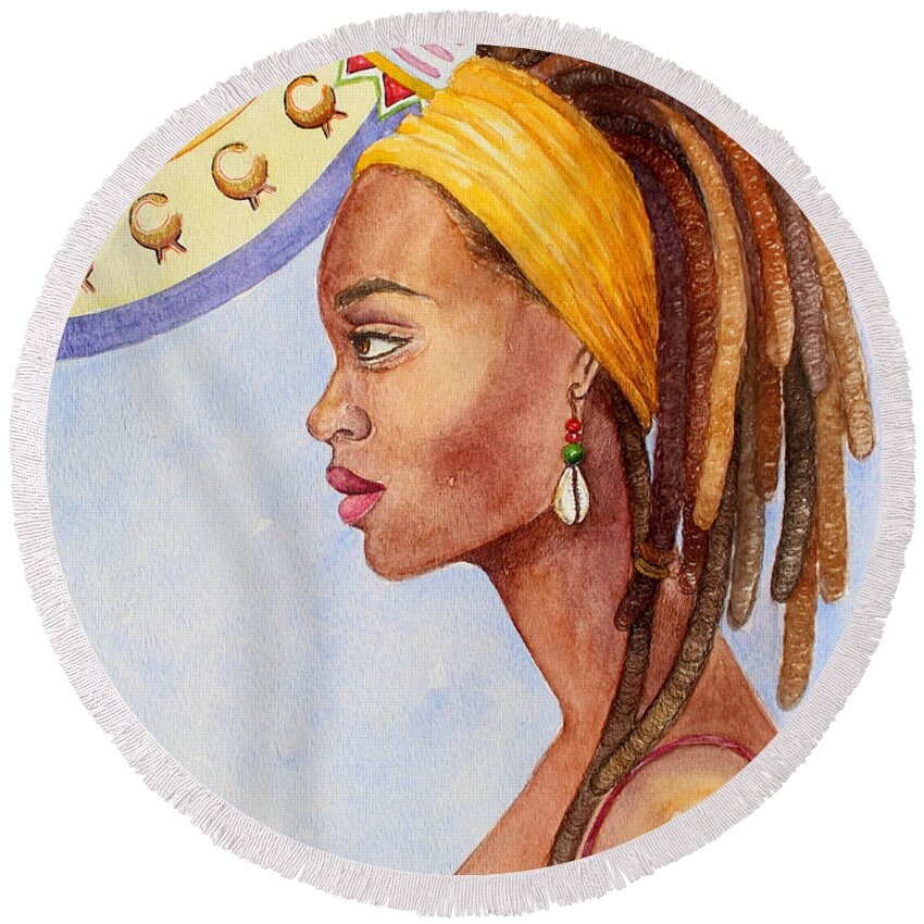 #africa #africanart #africanartists #africanartwork #africanpaintings #trueafricanart #onlinegallery Round Beach Towel featuring the painting Aware by Mahlet