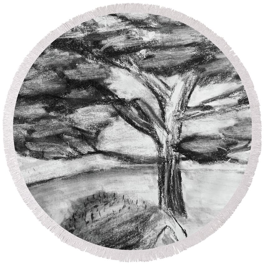 Charcoal Round Beach Towel featuring the drawing Away From The Noise by Lisa White