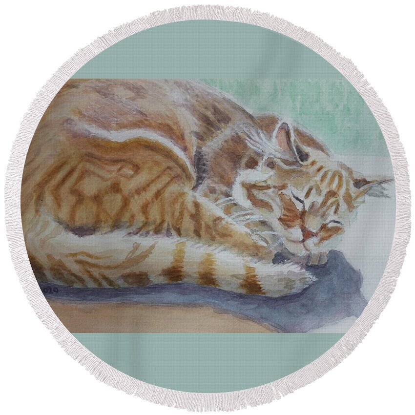 Cat Round Beach Towel featuring the painting Awimaweh by Vera Smith