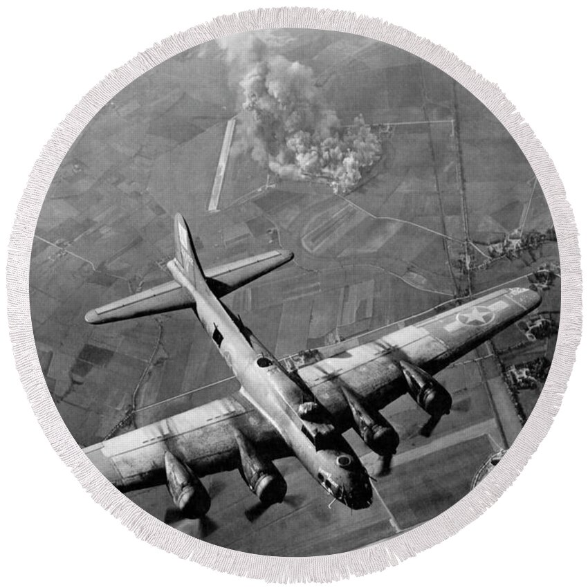 B 17 Bomber Round Beach Towel featuring the photograph B-17 Bomber Over Germany - WW2 - 1943 by War Is Hell Store