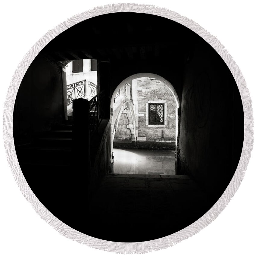 Black&white Round Beach Towel featuring the photograph B0008674xBNs - Sottoportico nel sole by Marco Missiaja