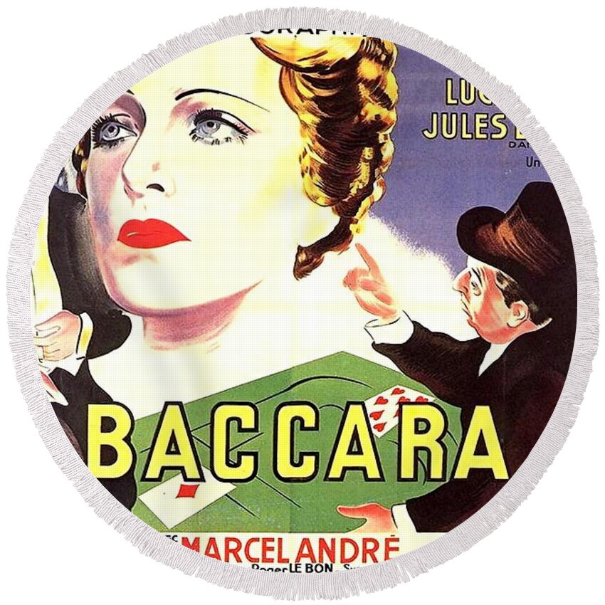 Synopsis Round Beach Towel featuring the mixed media ''Baccara'', 1935 by Movie World Posters