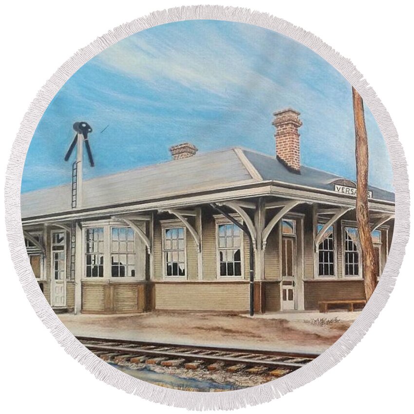 Train Station Round Beach Towel featuring the drawing Back In The Day by David Neace CPX