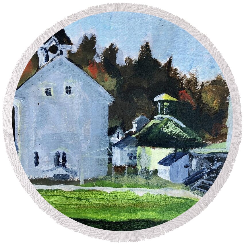 New England Round Beach Towel featuring the painting Back of Town Hall by Cyndie Katz