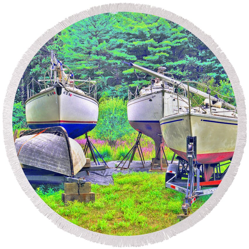 Sail Boats Round Beach Towel featuring the photograph Backyard Boatyard by Jeff Cooper